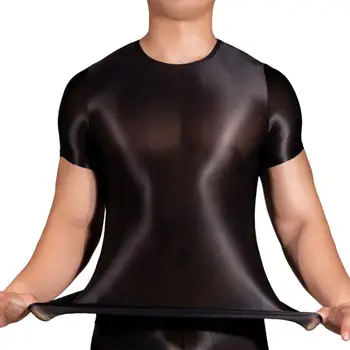 T-shirt da uomo lucida liscia a maniche corte Vedi attraverso T-shirt sportiva casual slim fit sexy T-shirt da yoga per palestra tinta unita maschile