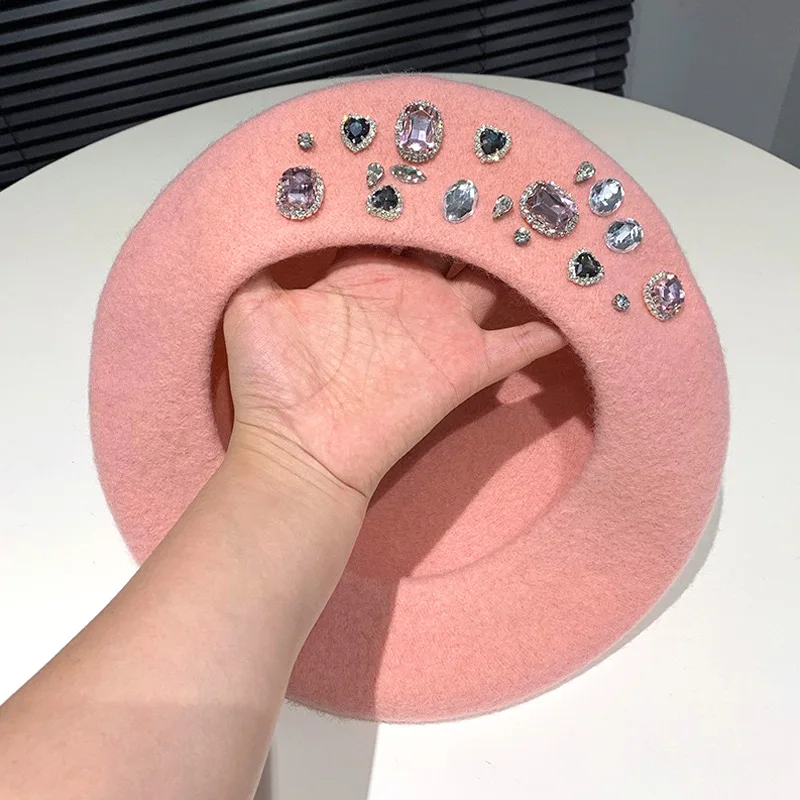 Hot Sale Beret Lady Thick Rhinestone Brimless Thermal Decor Wool Artist French Style Painter Hat Women Headwear_vogarts.com