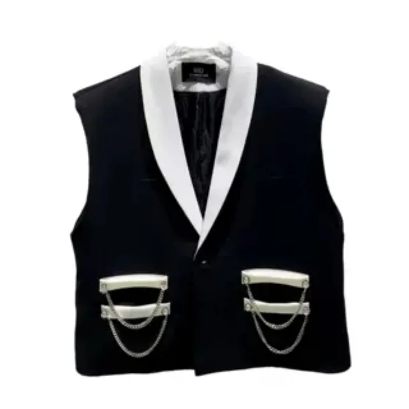 Fashion Trendy Male High-End Men's Suit Vest 2024 Spring Summer New Casual Rhinestone Chain Blazer Vests Loose Sleeveless Tops