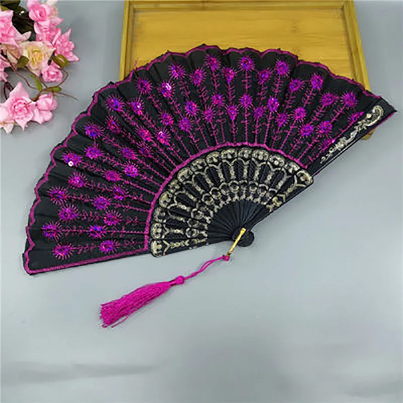 Ancient Folding Plastic Bone Hand Fan for Women, Sequins Decor, Portable Dance Fan, Photo Props, Wedding Party Accessories