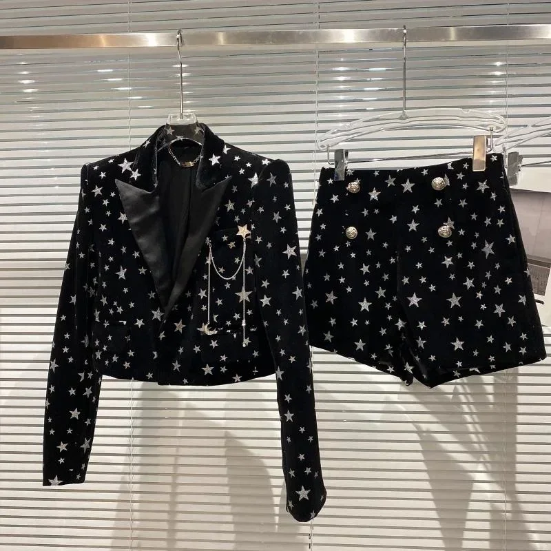 New Autumn Long Sleeve Pin Chain Slim Velvet Blazer Casual Shorts Two Piece Set Women Outfits Two Piece Sets Womens Outifits