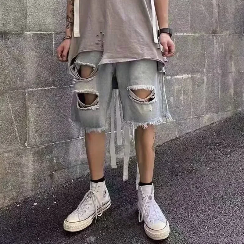 Men Vintage Hollow Out Ripped Design Straight Jean Short Pant For Men Streetwear Trend Spring Summer Fashion Denim Shorts