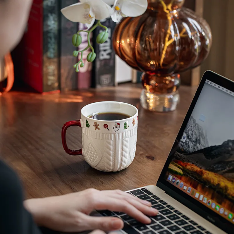 2Pcs/Set 12oz Ceramic Espresso Cups Porcelain Coffee Mugs Set for Tea Latte Cafe Mocha Couple Cozy Sweater Cups Christmas Gift L