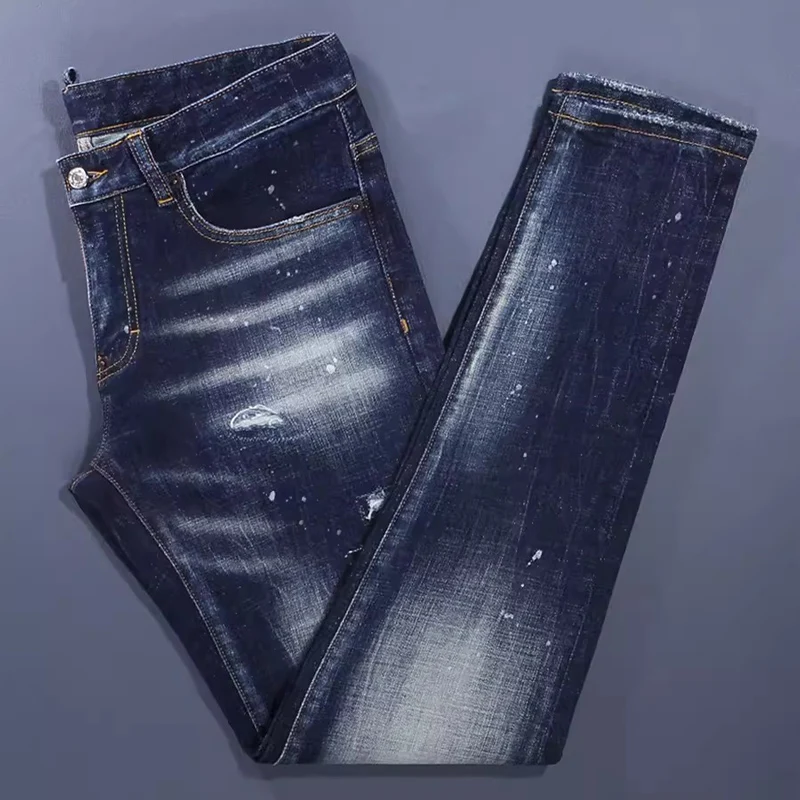 Street Fashion Men Jeans Retro Dark Blue Stretch Skinny Fit Vintage Ripped Jeans Men Patched Designer Hip Hop Brand Pants Hombre