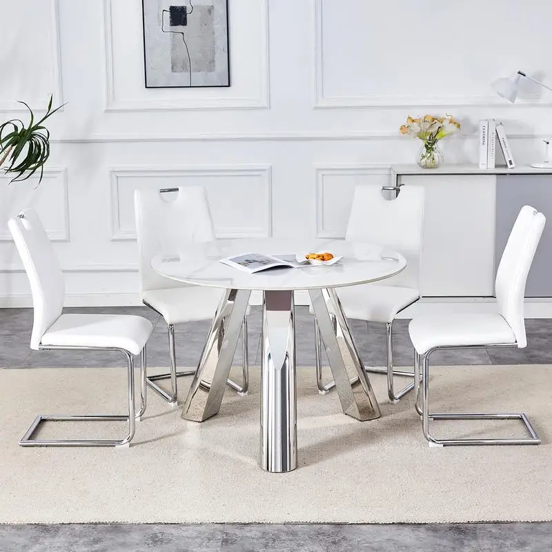 42-Inch Round Table Set with 4 Unique White Dining Chairs and Stainless Steel Legs - Sintered Stone Top