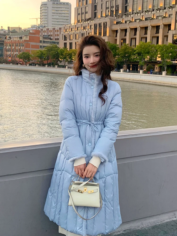 New Chinese Style White Goose down down Jacket Female Retro Waist-Controlled Long below the Knee Winter Clothing Coat