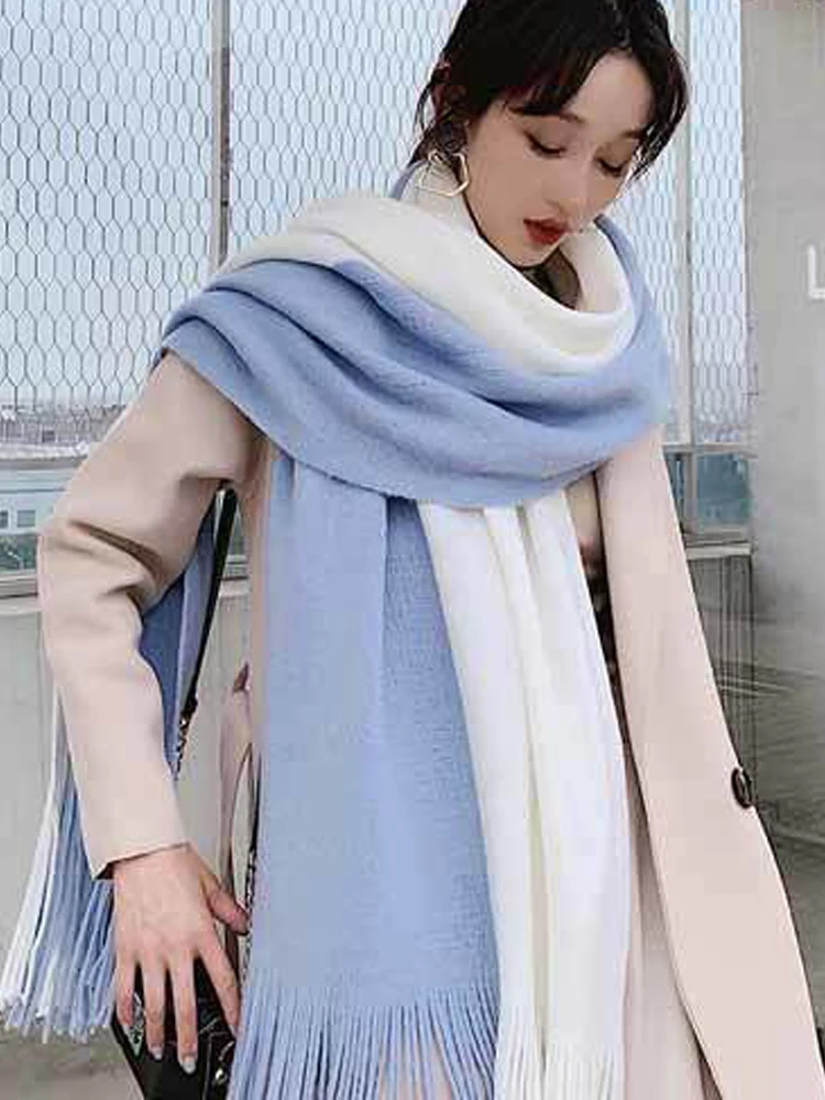 Winter Autumn New RetroImitation Cashmere Color Blocking Elegant Temperament Women Scarf Thickened Warm Defend Cold Collar Shawl