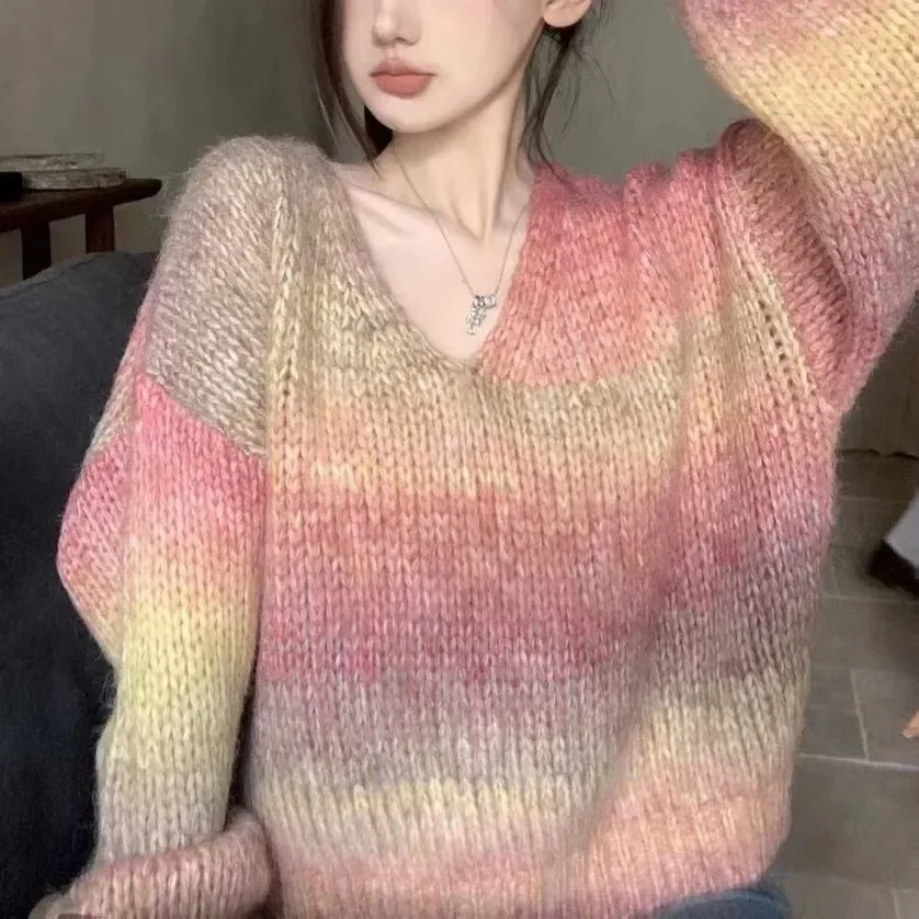 

Women V Neck Full Sleeve Pullovers Knitted Sweaters Loose Casual Regular Thick Splice Tie Dye Jumpers Tops Autumn Winter 2023