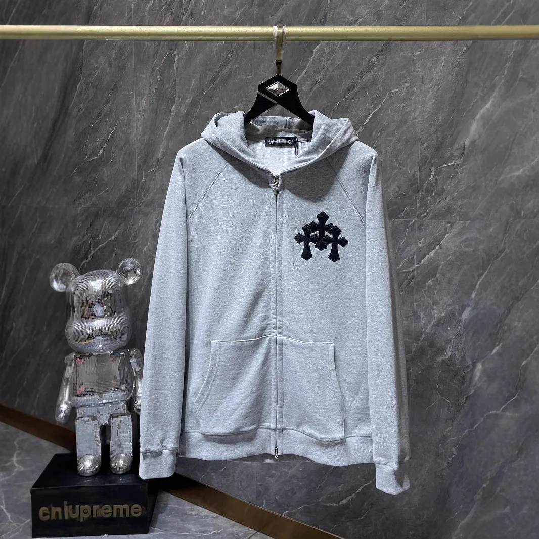 סווטשירט עם רוכסן מעור קצר, שרוול ארוך, אוניברסלי לסתיו וחורף, סגנון חדש עם תפר צלב ורקמה, נוח לשימוש יומיומי