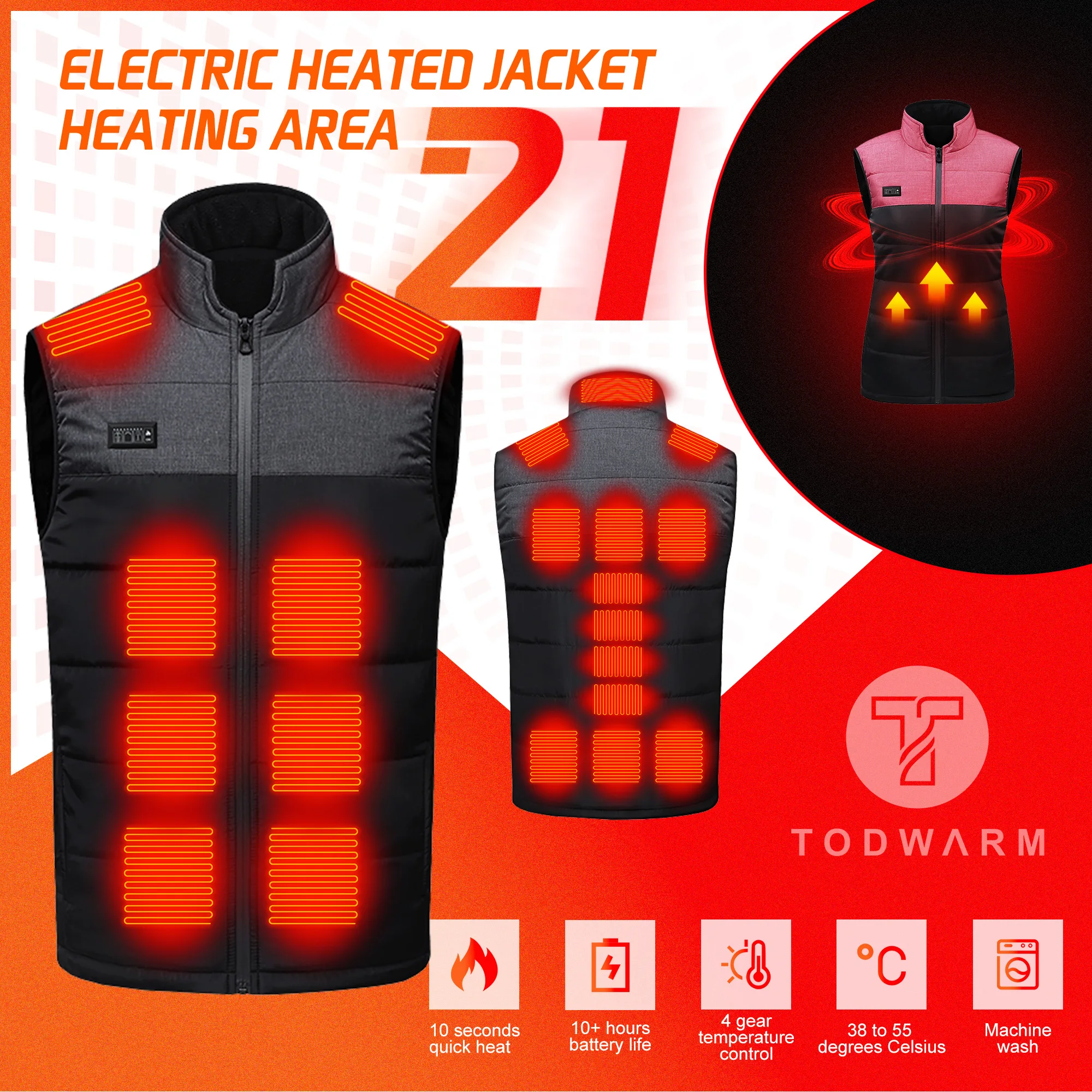 TODWARM Heating Vest Dual control 21Areas Heating Men Women Winter Electric Thermal Clothing Waistcoat For Sports Hiking USB