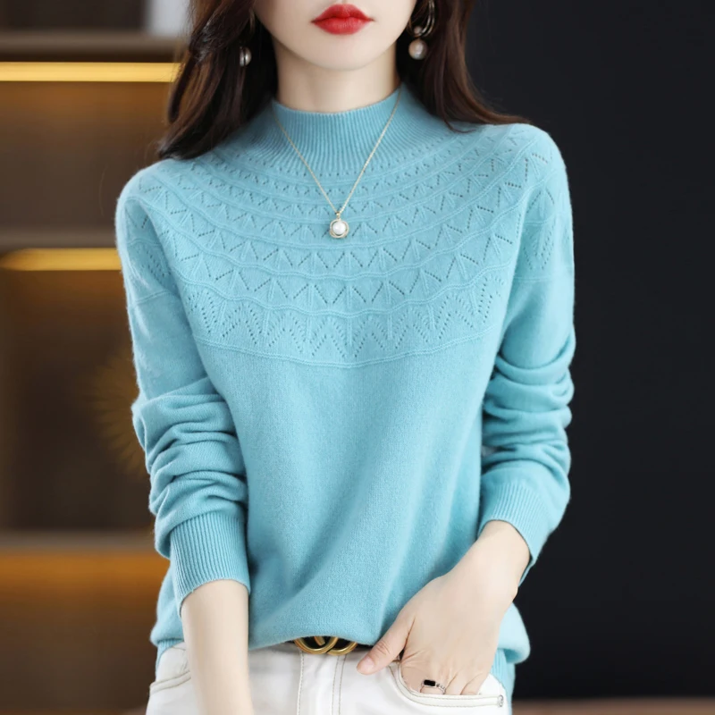 

Merino Wool 100% Women's Sweater Half High Collar pullovers Knitwear Long Sleeve Tops Wear Hollowed Out Jacquard Pattern Jumpers