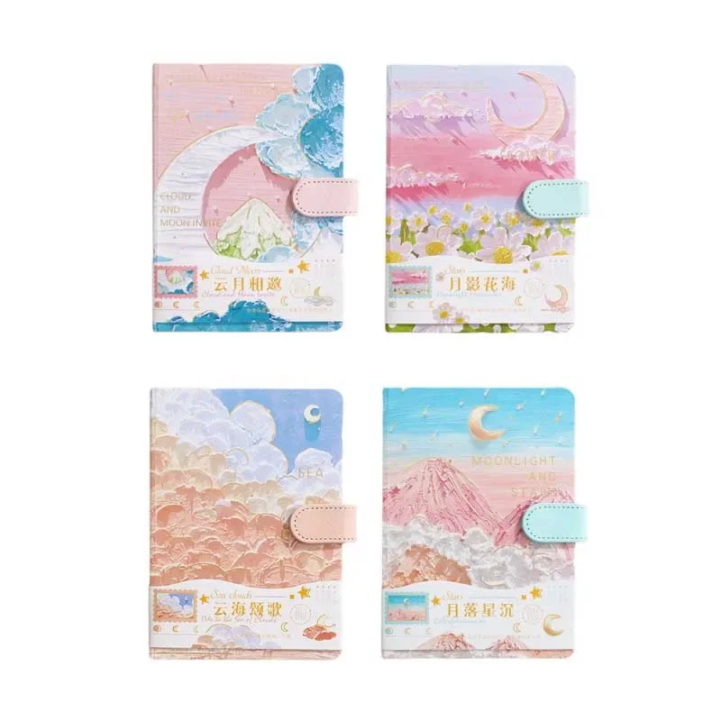 

Student girl stationery diary notebook moon cloud oil painting journal notebook PU color page illustration travelers notebook