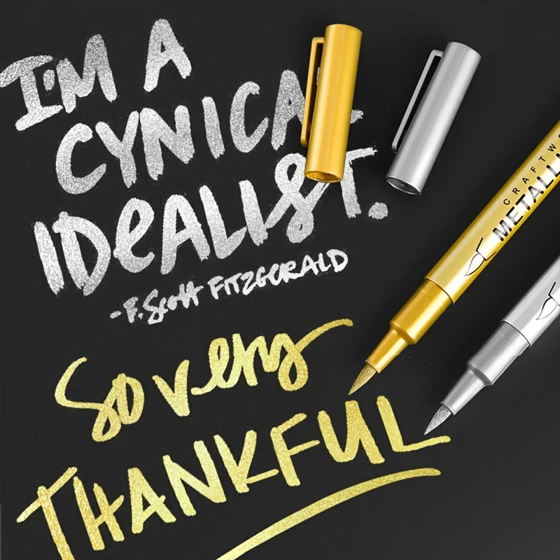 6개입 골드 & 실버 메탈릭 마커, 브러시 & 가는 팁 옵션 - 페인팅, 레터링 및 디테일링용 - 속건성, 예술적 효과