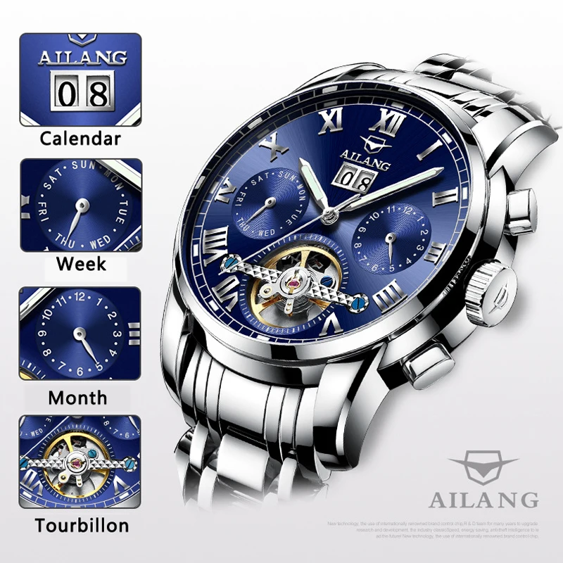 AILANG Brand New Luxury Tourbillon Mechanical Watches Stainless Steel Waterproof Luminous Hands Calendar Business Mens Watches