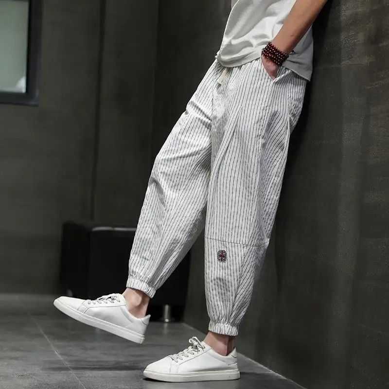 Spring Summer Fashion High Waist Men's Clothing Solid Color Tie Feet Slimming All Match Pockets Solid Cotton Line Casual Pants