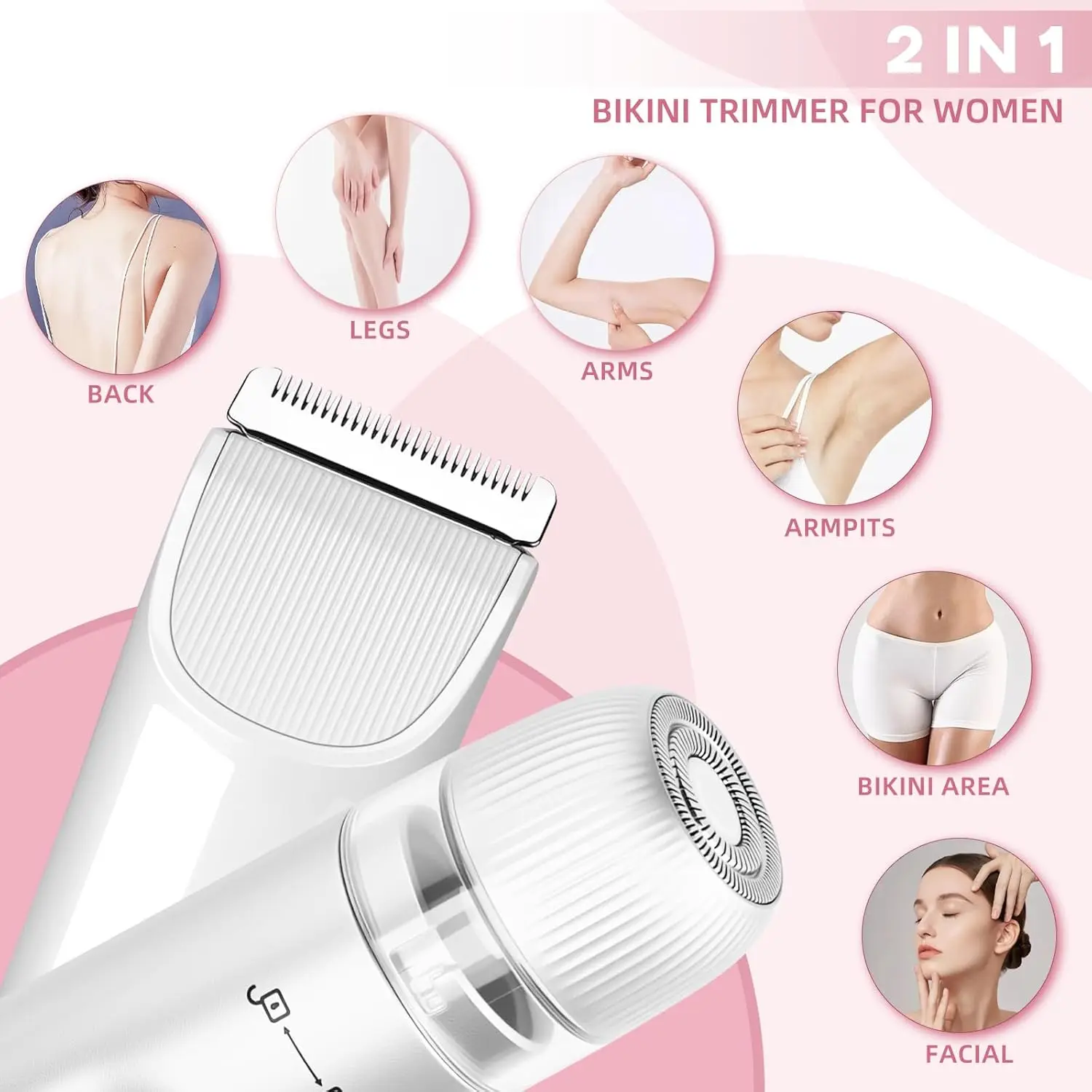 2 in 1 Electric Women Shaver Dual Head Bikini Trimmer Waterproof Wet Dry Use Facial Hair Remover for Underarm Leg Arm Body Face