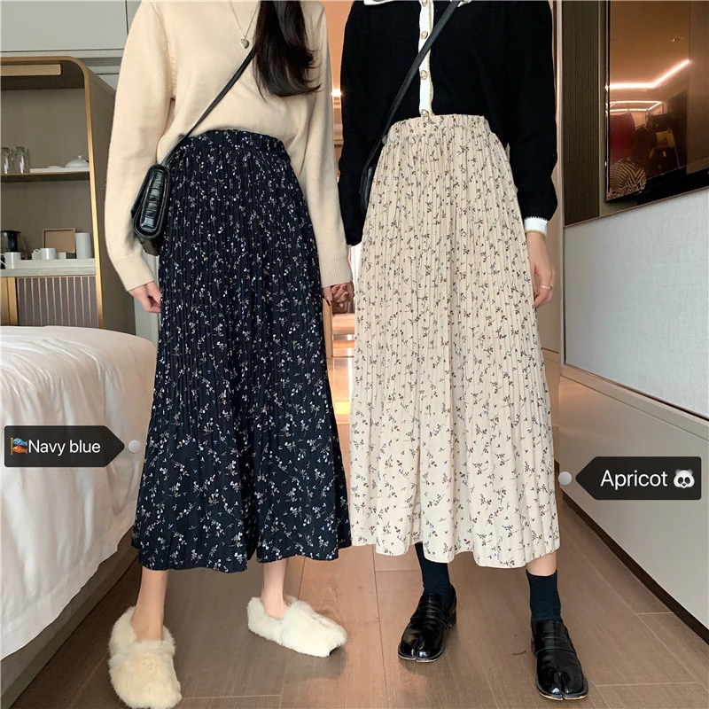Vintage Floral Print Aline Pleated Long Skirts Winter Women Korean