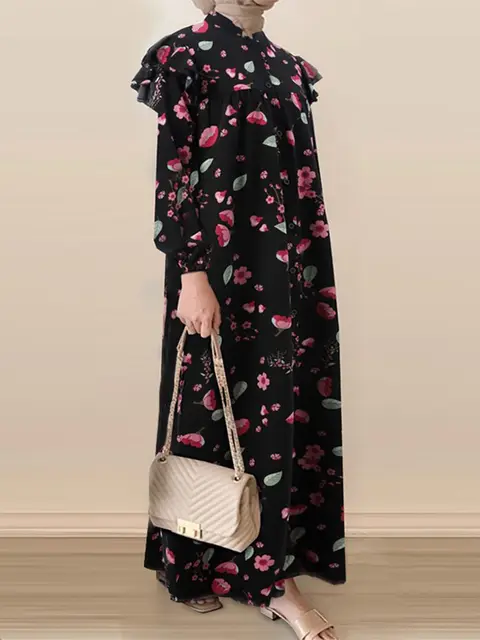 - ZANZEA Women Muslim Sundress Elegant Floral Printed Abaya Dress Vintage Dubai Turkey Ruffle Islamic Clothing Caftan Marocain