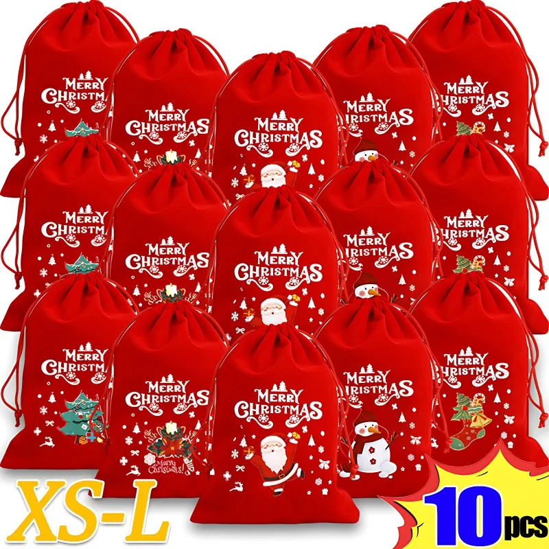 

10/1Pcs Red Christmas Velvet Bags Santa Candy Snack Drawstring Pouch Wrapping Bag for New Year Party Gift Packaging Storage Bags