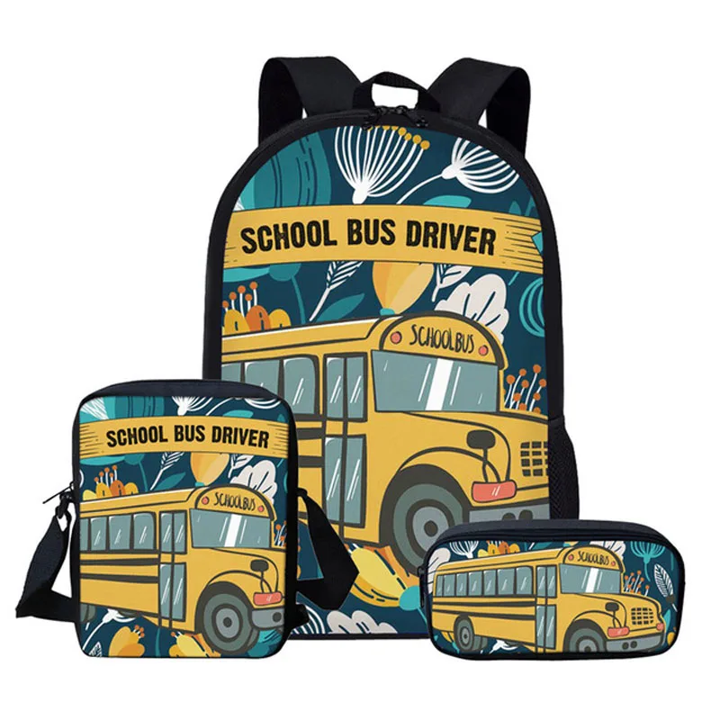 Kids Backpack School Bag Set Pen Pencil Bag Floral School Bus Print Backpacks For Boys Girls Book Bags Children Bookbag Mochila