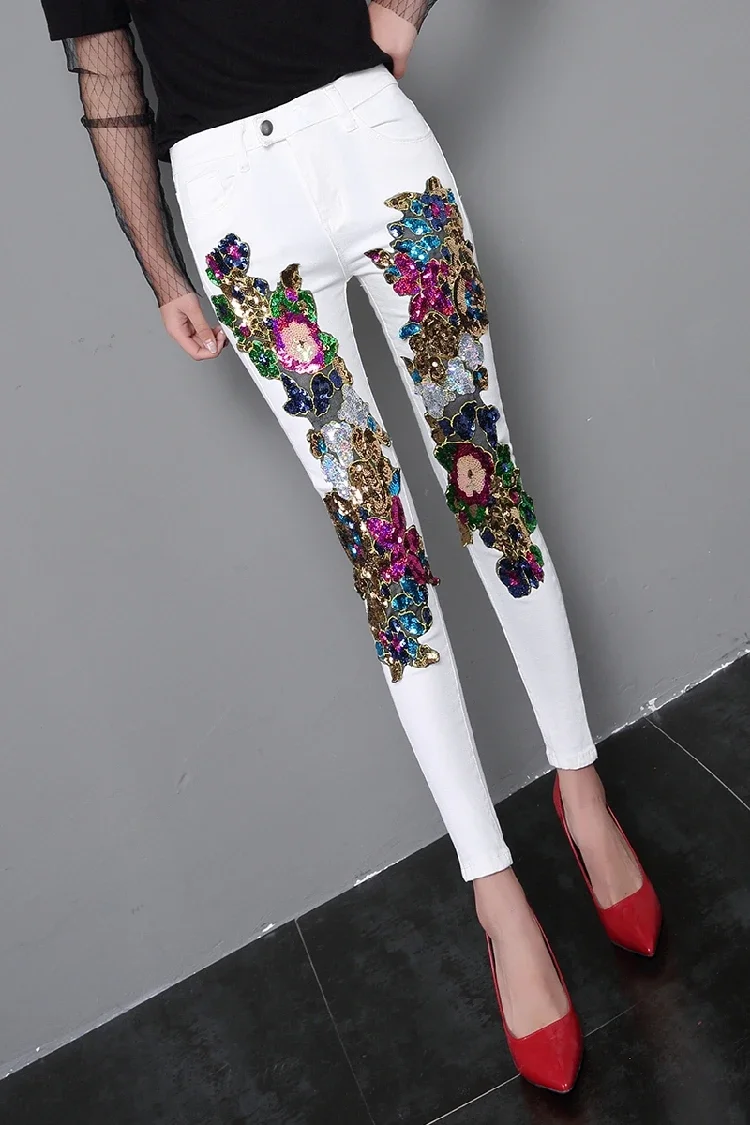 2024 Spring and Summer Women's Sequins White Denim Pants Slim All-match Basic Pencil Student Stretch Jeans Daily Street Trousers