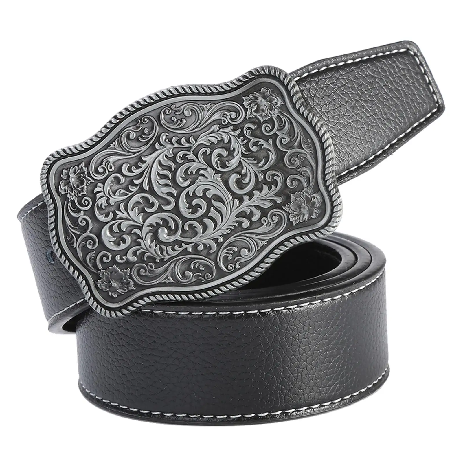 

Western Belt Floral Engraved Buckle 47" Long Retro Pattern Strap Versatile Fashion Black for Unisex Cowgirl Adult Jeans Pants