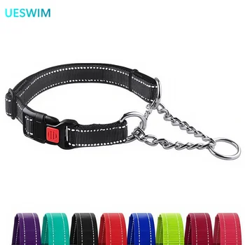Dogs Collar Stainless Steel Dog Choker Adjustable Dog Chain Reflective Nylon Fabric Pet Collars for Small Medium Large Dogs