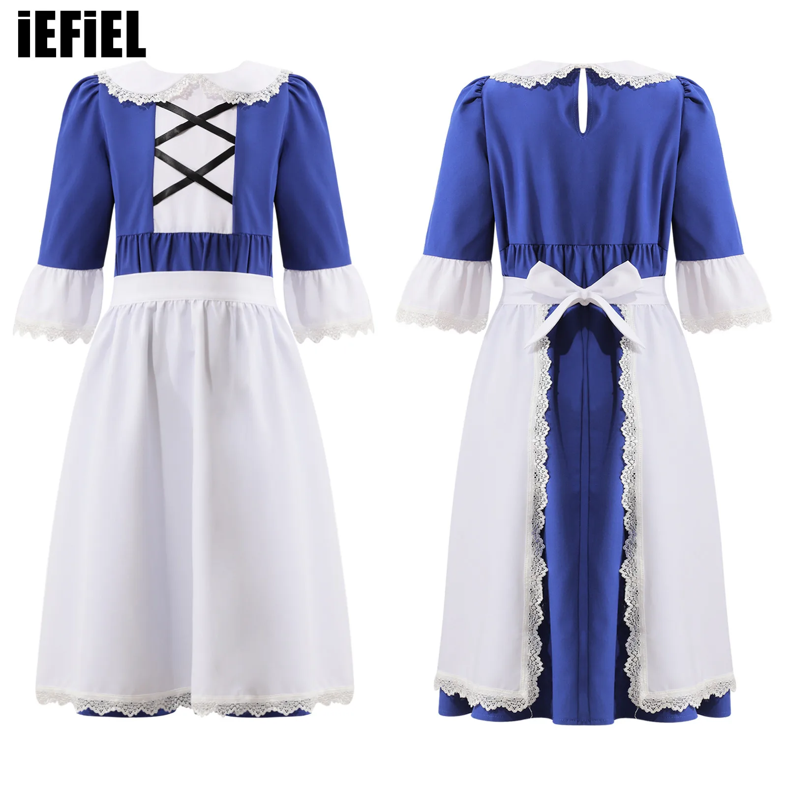 

Kids Girls Colonial Prairie Cosplay Costume Lapel Collar Short Flared Sleeve High Waist Dress with Apron Set