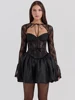 Mozision Black Lace Puffball Sexy Mini Dress For Women Fashion Lace-up Sheer Long Flare Sleeve High Waist Club Party Dress 1