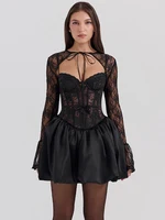 Mozision Black Lace Puffball Sexy Mini Dress For Women Fashion Lace-up Sheer Long Flare Sleeve High Waist Club Party Dress 1