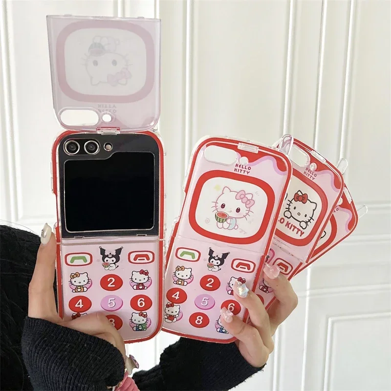 랜야드 브래킷이 달린 귀여운 헬로 키티 전화 케이스, 삼성 갤럭시 Z 플립 3 4 5 5G PC 하드 백 커버, Y2k 소녀