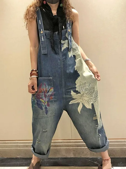 AmaxluluE 2025 femmes mode salopette dames été imprimé Denim Pantalons Vintage Jeans décontractés femmes ample Vintage Pantalon 4