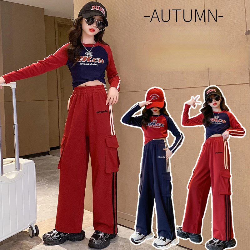 

Fashion Girls Clothes Sprot Sets Autumn Long Sleeve T Shirt Crop Top Pants 2PCS Kids Tracksuit Children’s Clothing 8 10 12 Years
