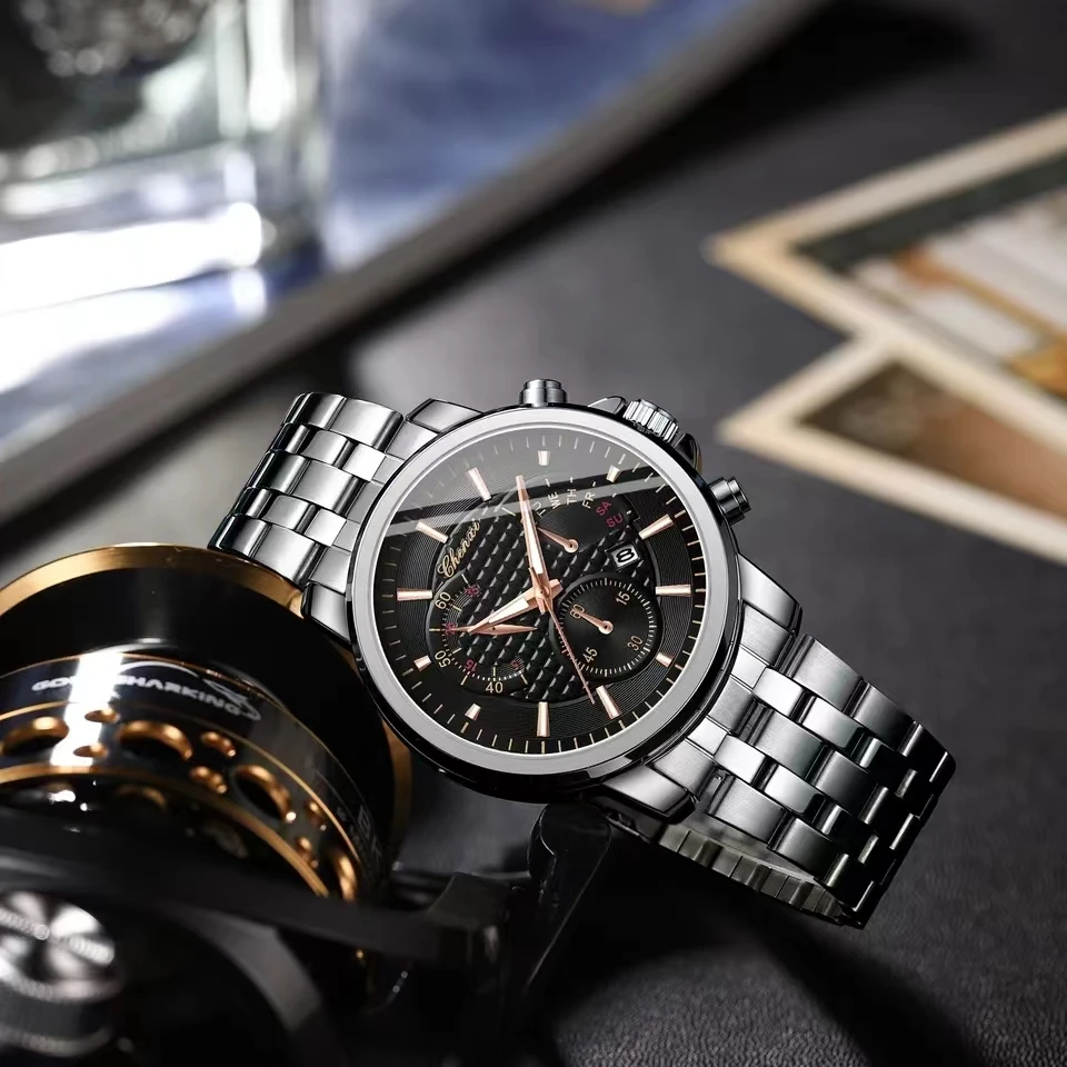 Quartz Watch For Men New Three Eyes Quartz Watch Fashion Casual Waterproof Luminous Stainless Steel Band Men Watch Reloj Hombre
