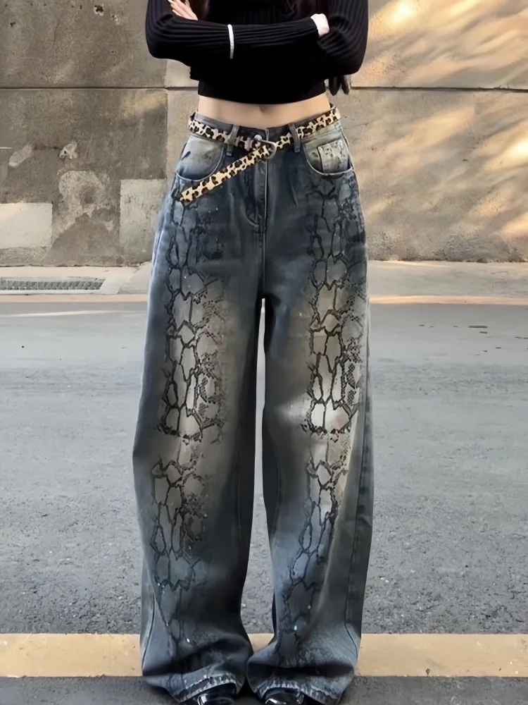 2025 Ropa Y2K Mode Vintage Blau Graffiti Gemalt Baggy Jeans Hosen Frauen Kleidung New Rock Gerade Alte Dame Denim Hosen – Detail 11