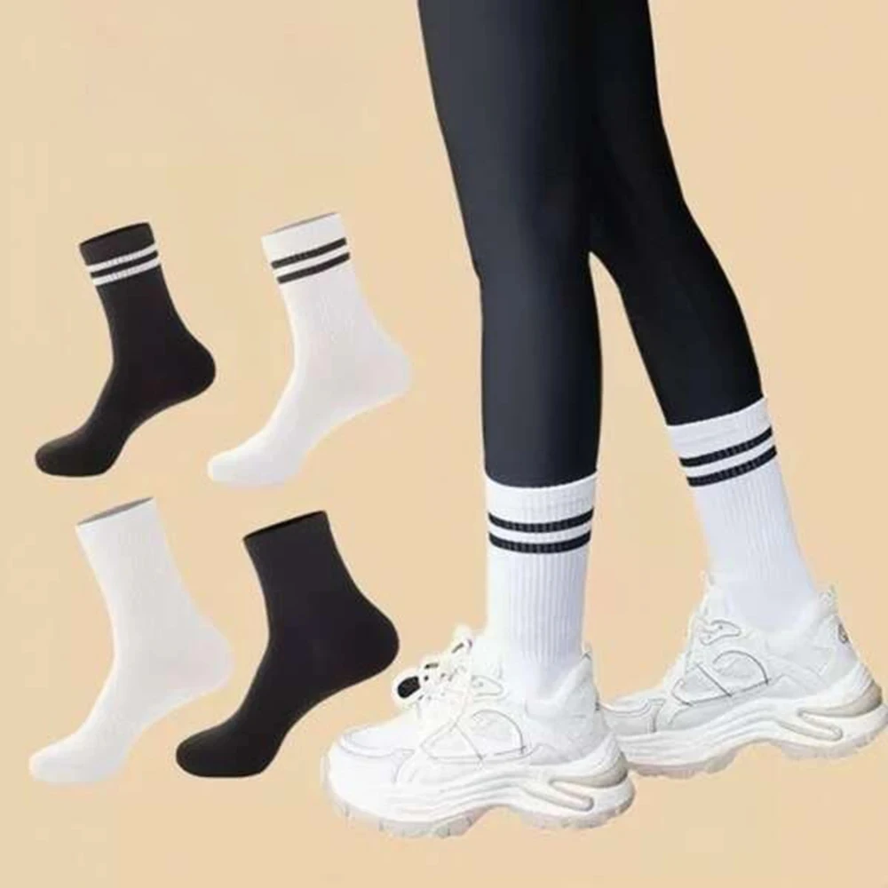 Versatile Women Socks Simplicity Parallel Bar Pattern Fashion Breathable Autumn Women's Mid Length Socks 4/10 Pairs