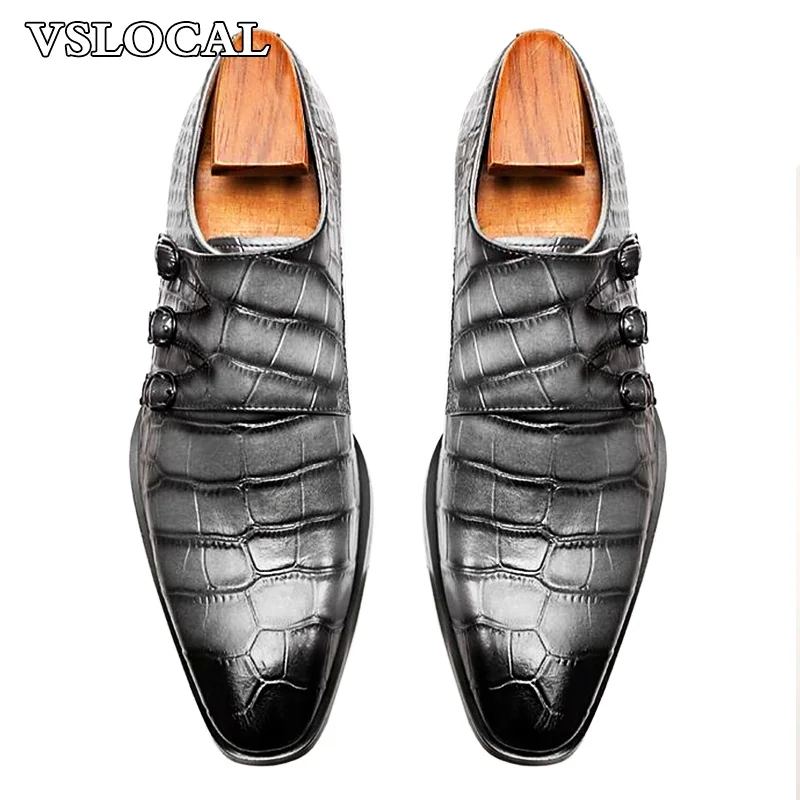 Luxury Leather Shoes Slip-On Black Crocodile Print Three Buckle Strap Loafers Mens Dress Shoes Wedding Office Shoes Men 2