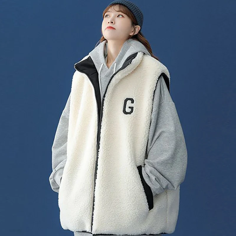 

Two Sides Wearing Women Lamb Wool Vest Winter Letter Fashion Elegant Simplicity Warm Jacket Female Loose Casual Sleeveless Coat