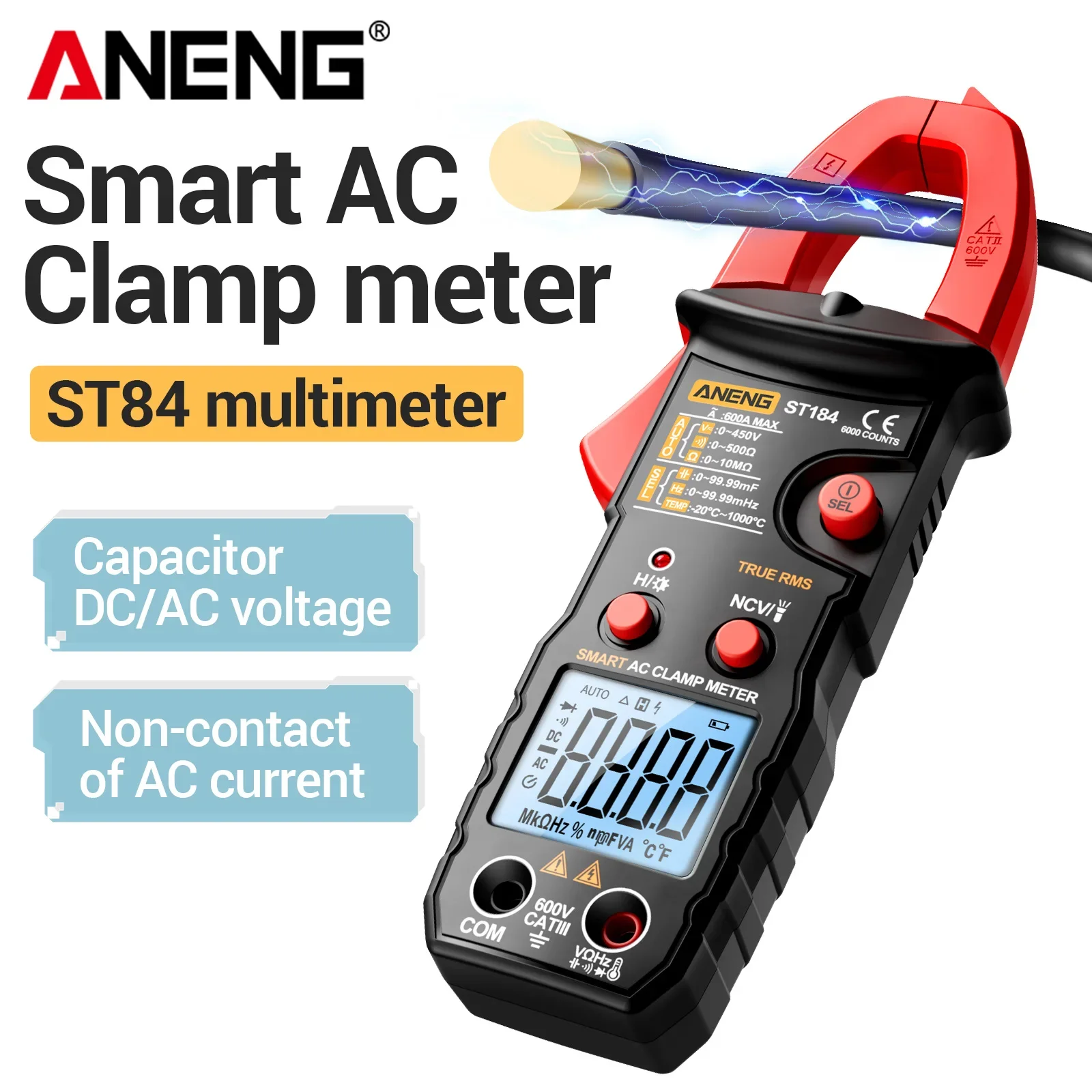ANENG ST184 디지털 클램프 미터 600A AC/DC 전류 측정 6000 카운트 다기능 휴대용 전기 측정기