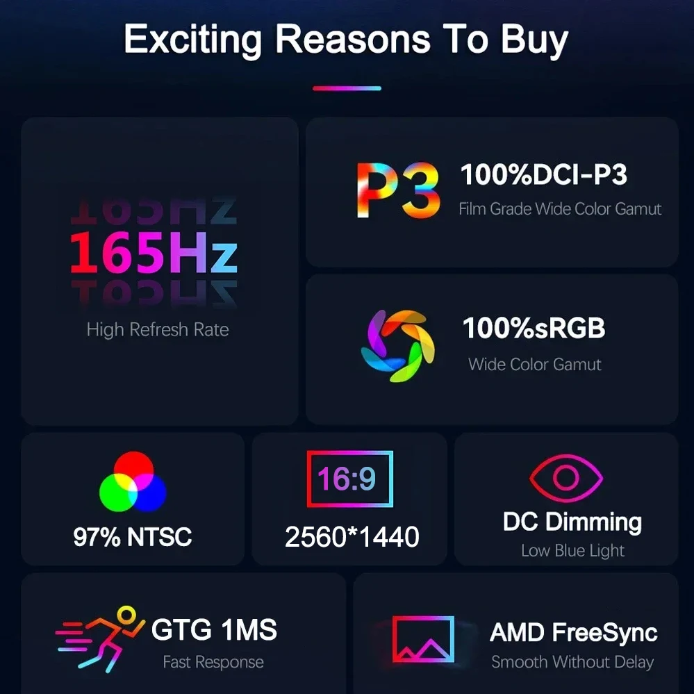 PC XBox PS5 ġ ġ ũ ޴  100% DCI-P3 16:9 HDR 1MS FreeSync IPS ũ  ÷, 15.6 ġ, 2K, 165Hz