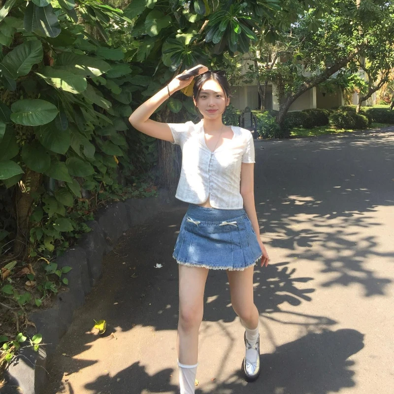 

2023 Summer Skirt Bowknot Lace Denim Pleated Mini Skirt