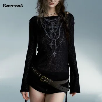 Karrcat Grunge Aesthetics Knitted Tops Vintage Tattoo Print T-shirt Wasteland Punk Black Ribbed Tee Shirt Gothic Alt Streetwear 1