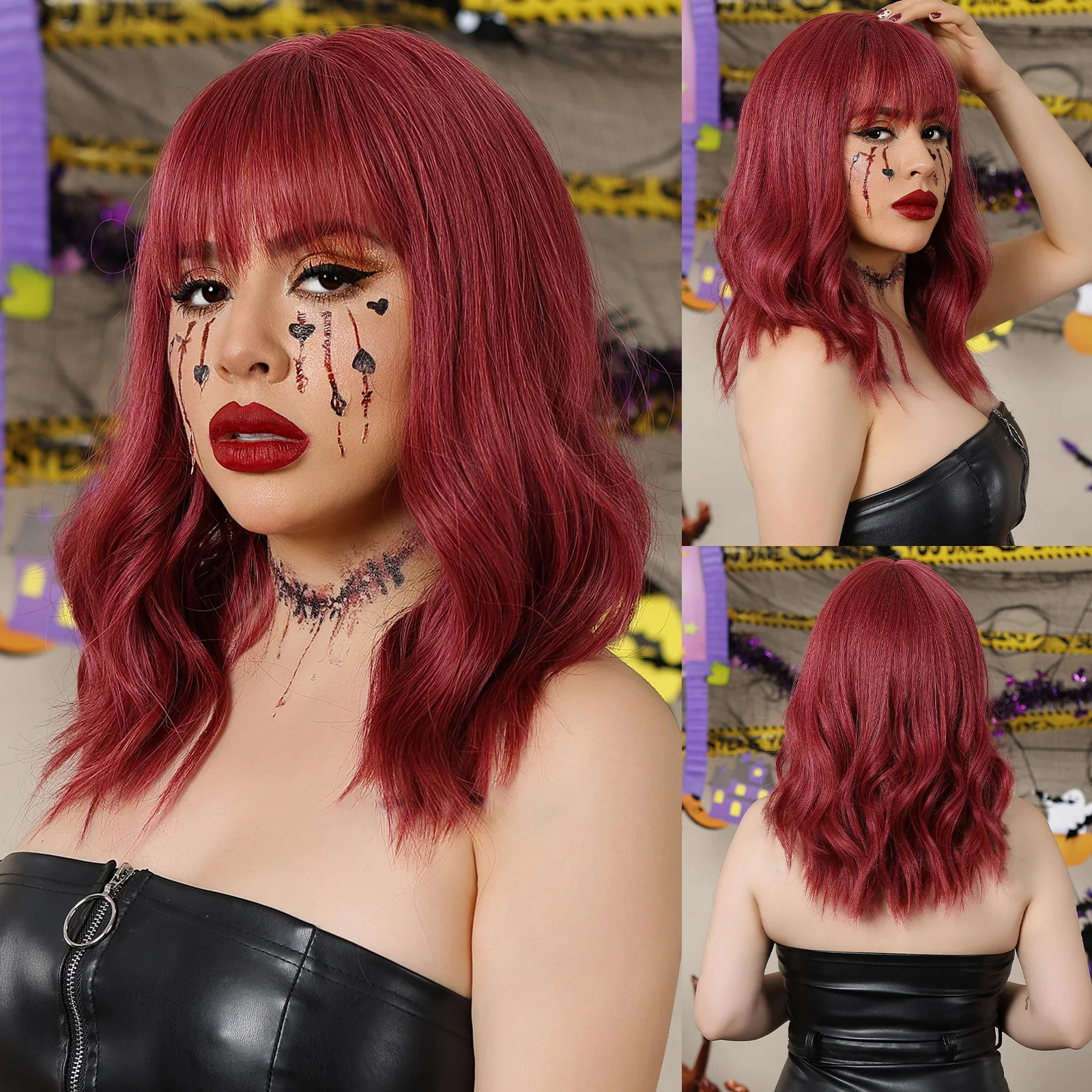 

Винно-красный короткий вьющийся парик Боб с челкой длина плеч бордовый красный косплей синтетические волнистые парики для женщин искусственные волосы в стиле "Лолита"