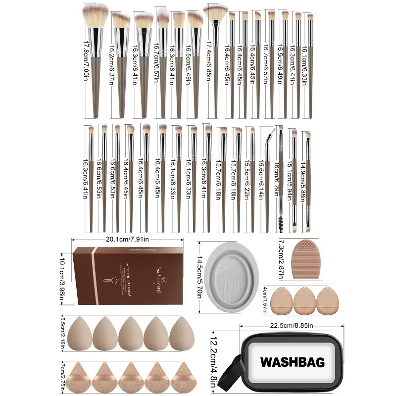 Set Trucco da 47 Pezzi con Pennelli Marroni, Piumini Morbidi e Confortevoli, Beauty Blender e Borsa per il Trucco, Pennelli per il Make-up e Pennello per Ciglia - immagine 6