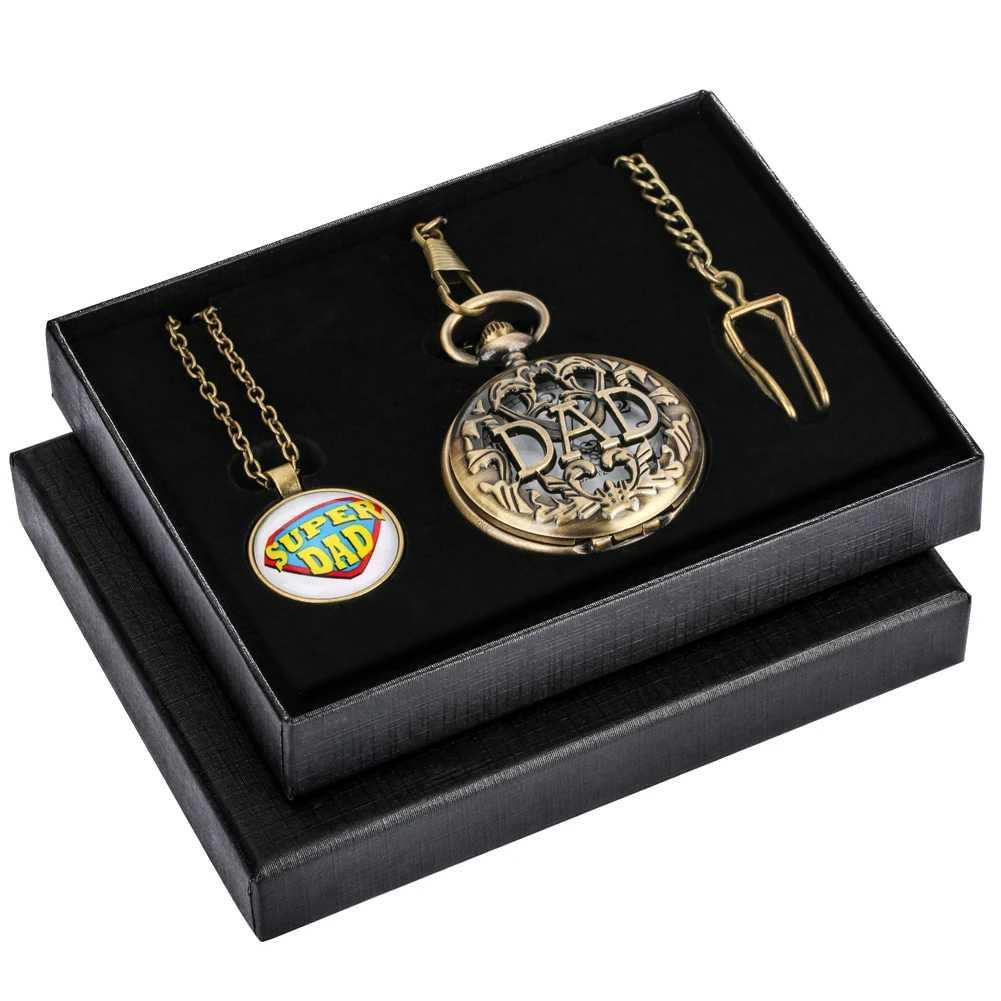 Practical Exquisite Father's Day Gifts Super Dad Necklace Accessories Retro Quartz Pendant Waist Chain Clock Gift Box with Card