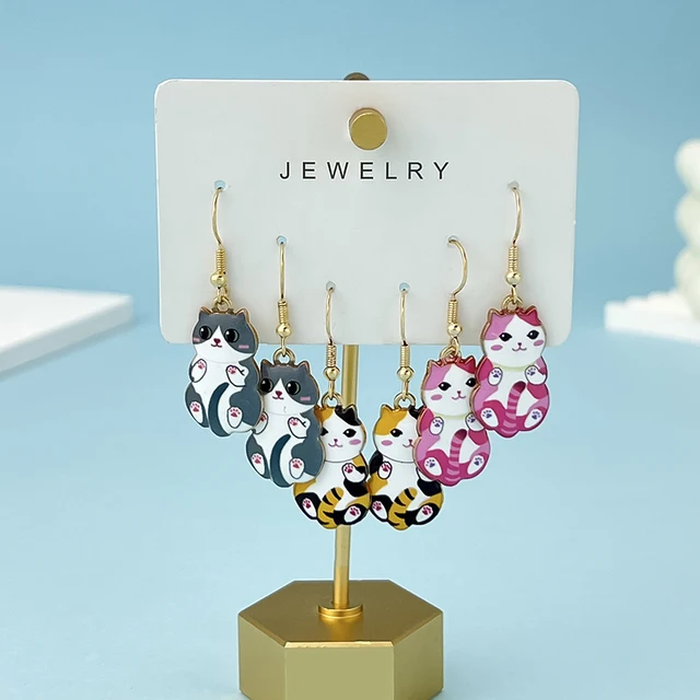 3Pairs/Set New Fun and Cute Enamel Alloy Cat Dangle Earrings Cartoon Style Colored Cat Ear Jewelry Set Gift For Women Girls 6