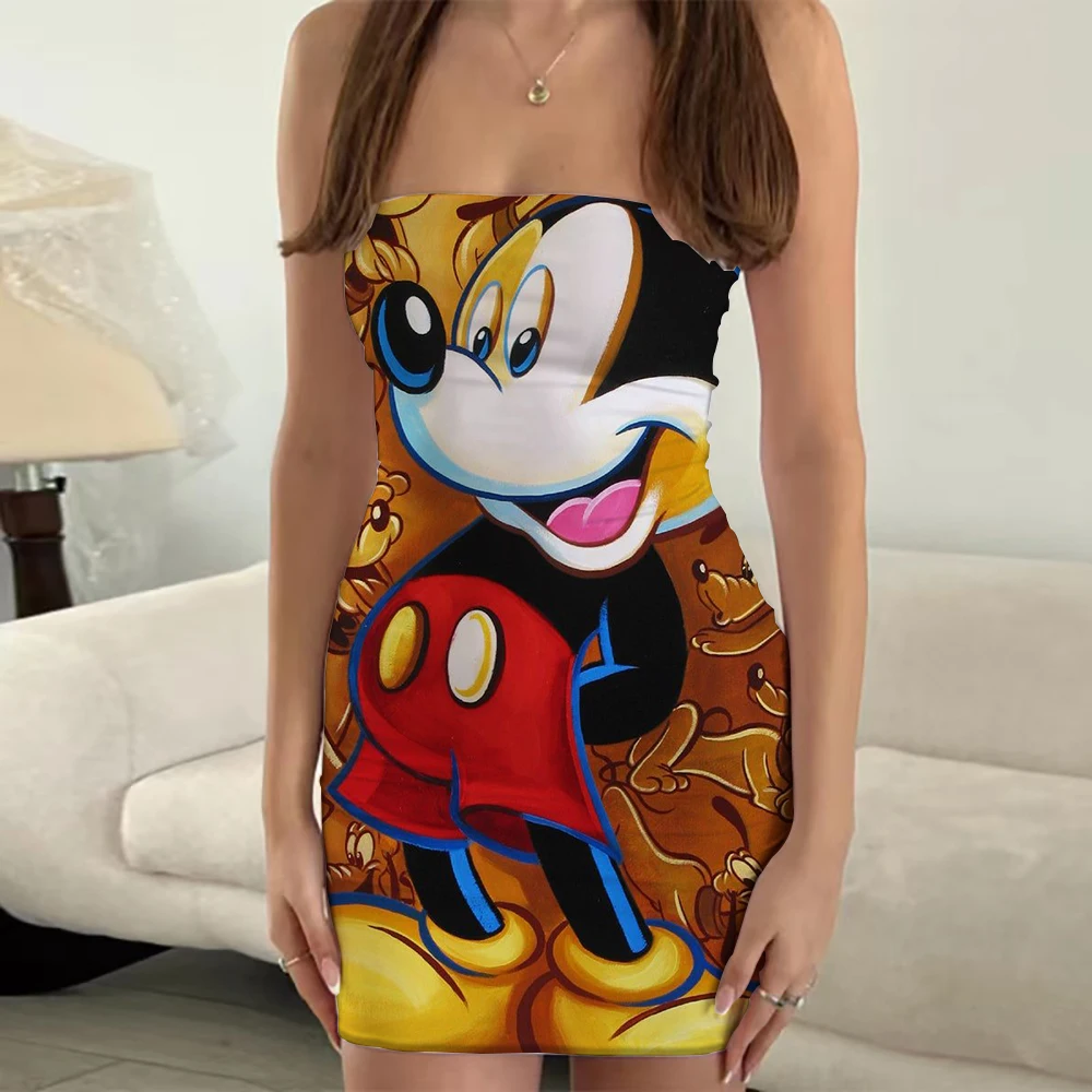 

Hot Sale Disney New Sexy Women's Fashion Mickey Minnie Anime Print Tube Top Dress Mini Skirt Package Hip Skirt