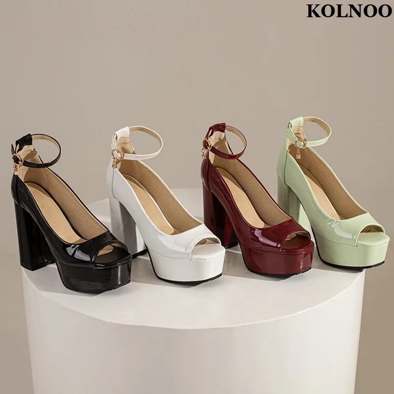 

Kolnoo New Arriva Handmade Ladies 12.5cm Chunky Heels Pumps Peep-toe Ankle Strap Summer Dress Shoes Evening Fashion Party Shoes