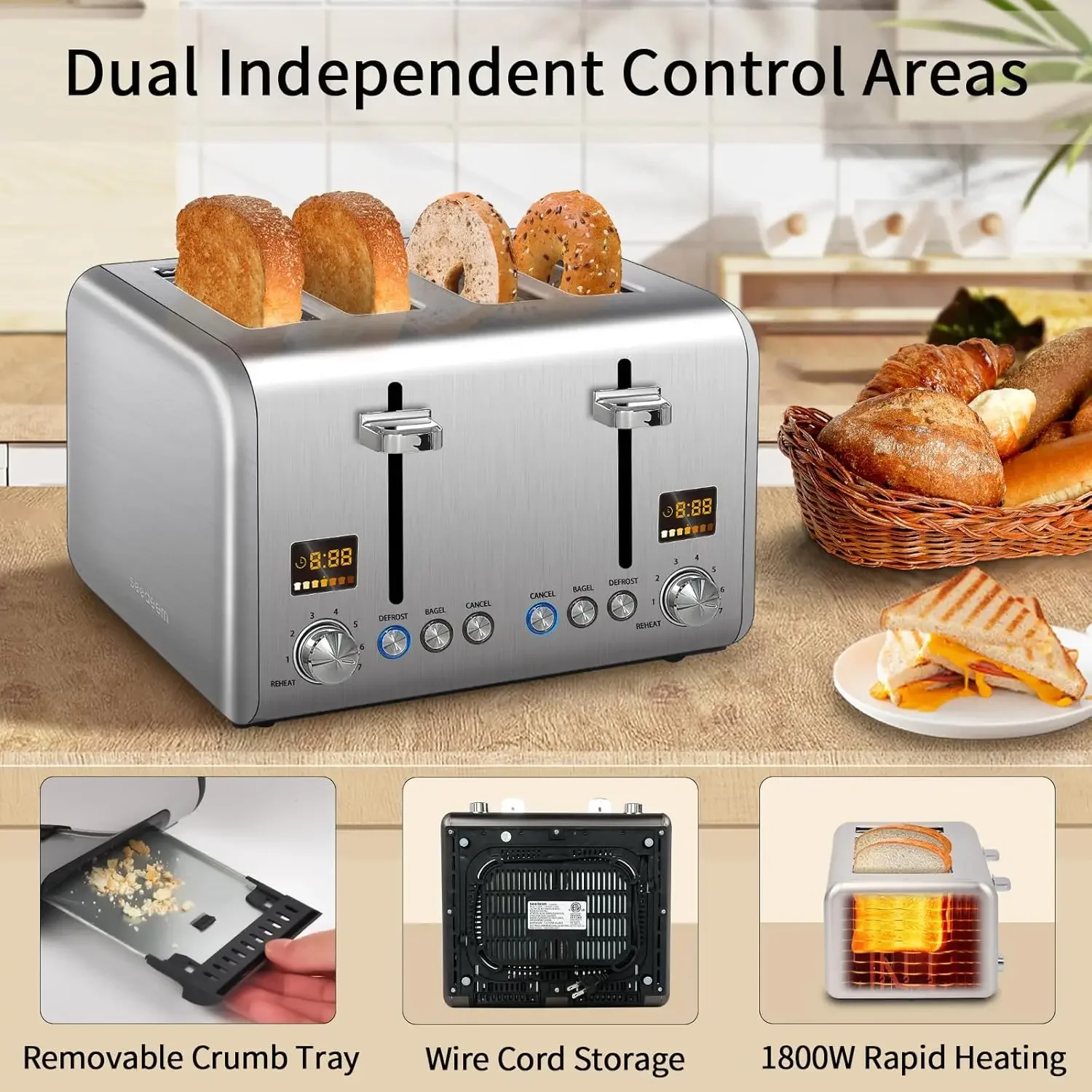 4 Slice Toaster Stainless Bread Toaster Color LCD Display 7 Bread Shade Settings 1.5'' Wide Slots Toaster with Bagel/Defrost 6