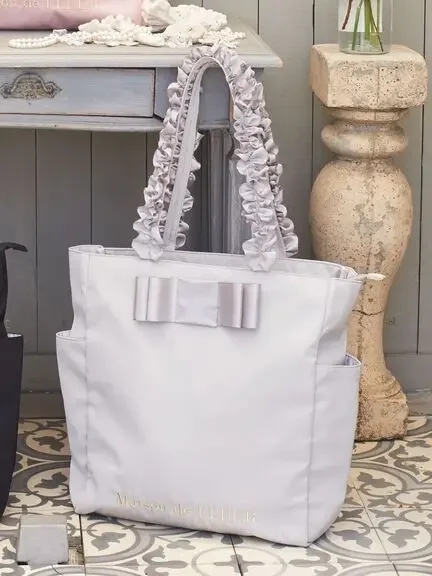 Japanese Style Waterproof Fabric Shoulder Tote Bags Pleated Handle Bow Yoga Ballet Floral Versatile Women's Bags